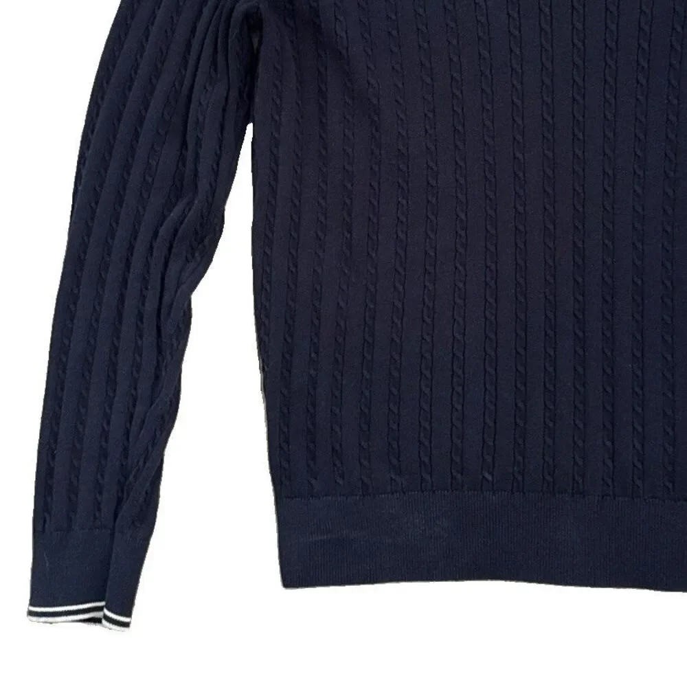 Massimo Dutti Extrafine Cotton Polo Sweater  Mens Sz L Navy Cable Knit Slim Fit